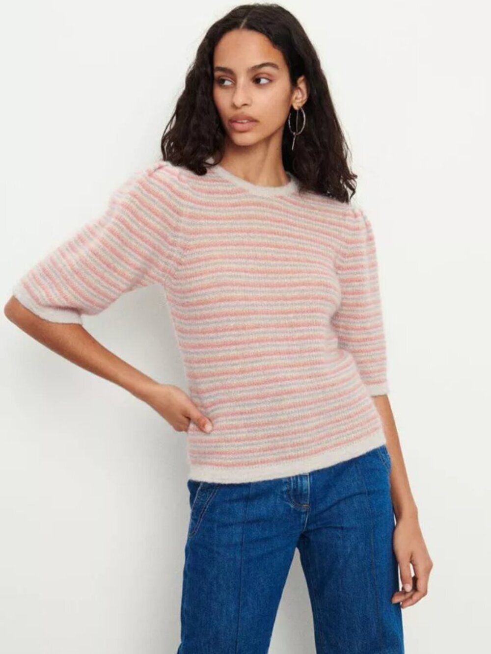 BA&SH Simael Rose Pink Striped Mohair Knit Ribbed Puff Sleeve Sweater, Size XS